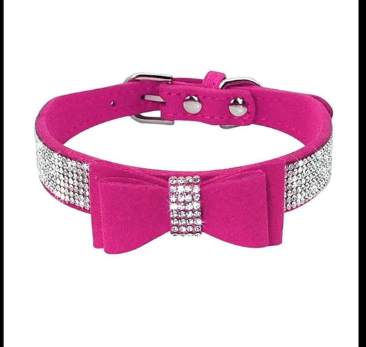 Bling Rhinestone Suede Leather Bowknot Dog Collar - CLEARANCE - North East Pet Shop Dog Shack UK