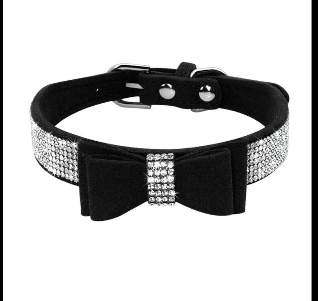 Bling Rhinestone Suede Leather Bowknot Dog Collar - CLEARANCE - North East Pet Shop Dog Shack UK
