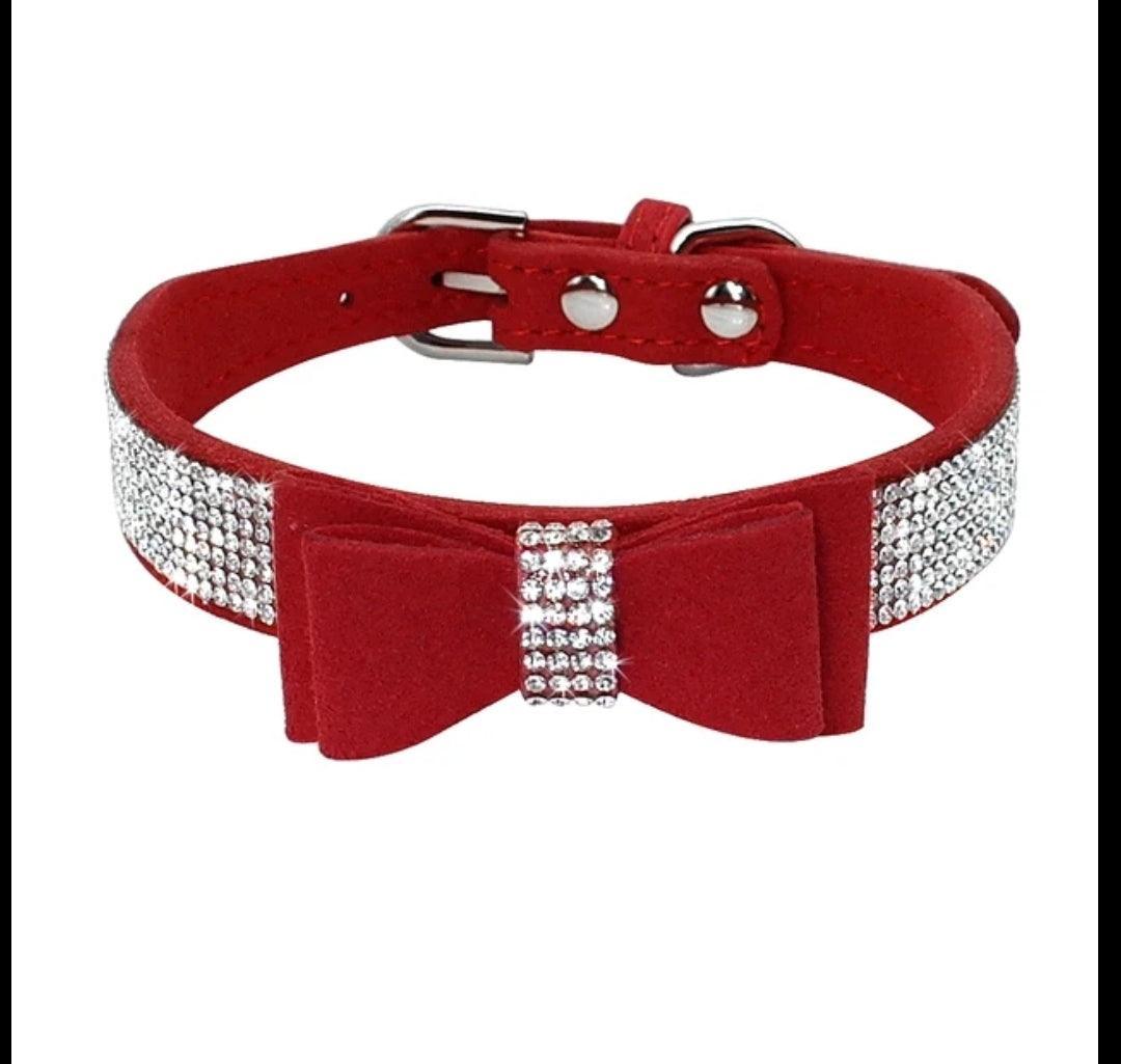 Bling Rhinestone Suede Leather Bowknot Dog Collar - CLEARANCE - North East Pet Shop Dog Shack UK