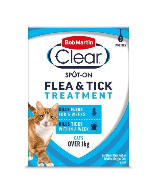 Bob Martin Clear Cat Spot On Flea & Tick Treatment 5 Week 3 pipettes - North East Pet Shop Bob Martin