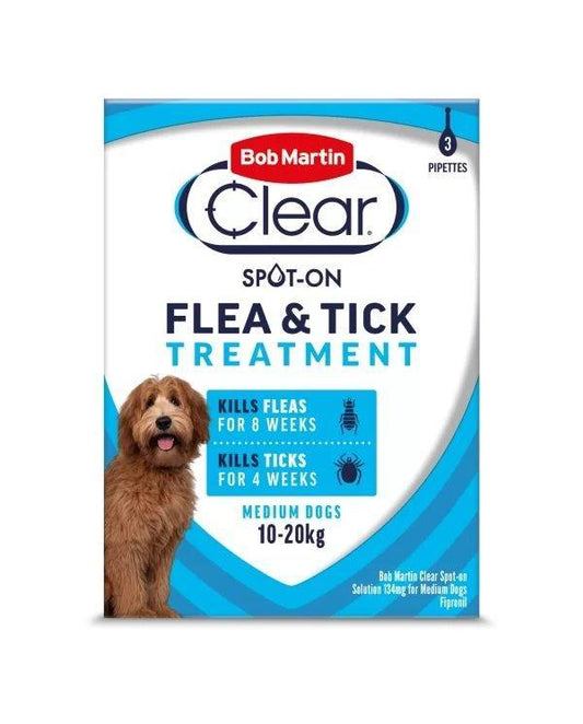 Bob Martin Clear Spot On Flea & Tick Treatment Medium Dog (10-20kg) 3 pipettes - North East Pet Shop Bob Martin