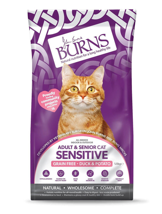Burns Adult & Senior Cat Sensitive Grain Free Duck & Potato 1.5kg - North East Pet Shop Burns