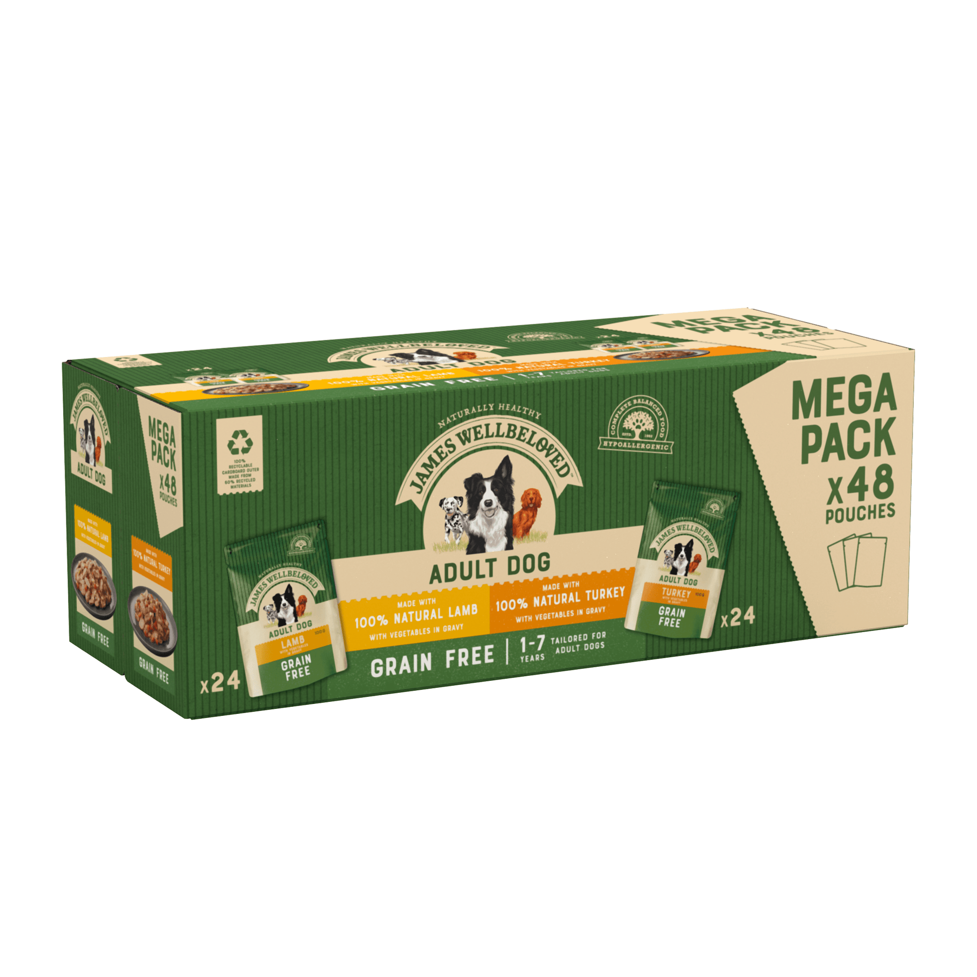 James Wellbeloved Dog Adult Grain-free Turkey/Lamb Pouches 48x100g - North East Pet Shop James Wellbeloved