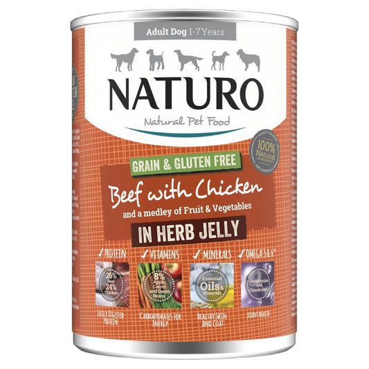 Naturo Adult GGF Beef Jel Tin 12x390g - North East Pet Shop Naturo