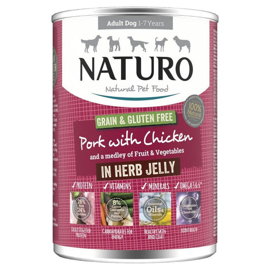 Naturo Adult Grain & Gluten Free Pork with Chicken in Herb Jelly Tins 390g - North East Pet Shop Naturo