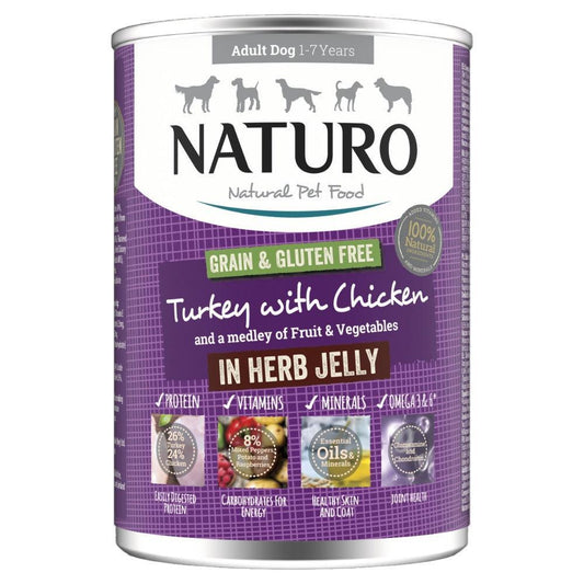 Naturo Adult Grain & Gluten Free Turkey with Chicken in Herb Jelly Tins 390g - North East Pet Shop Naturo
