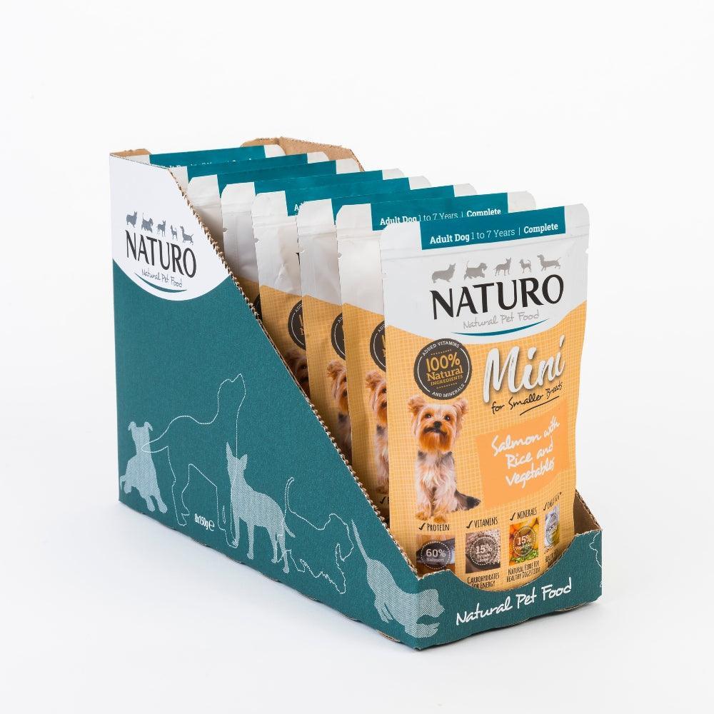 Naturo Adult Mini Salmon with Rice & Veg Pouches 8 x 150g - North East Pet Shop Naturo