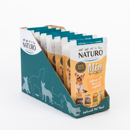 Naturo Adult Mini Salmon with Rice & Veg Pouches 8 x 150g - North East Pet Shop Naturo