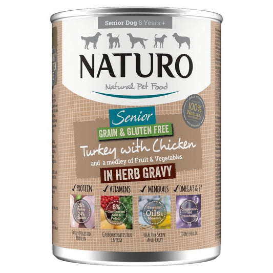 Naturo Senior Grain & Gluten Free Turkey with Chicken in Herb Gravy Tins 12 x 390g - North East Pet Shop Naturo