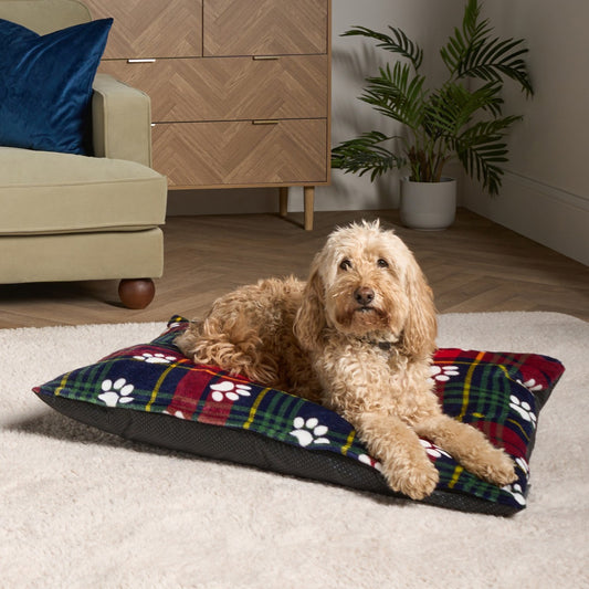 Oxford Paw Print Pet Bed - Navy/Red