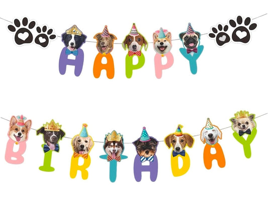 Colorful Dog Birthday Banner with Adorable Cartoon Puppy Faces