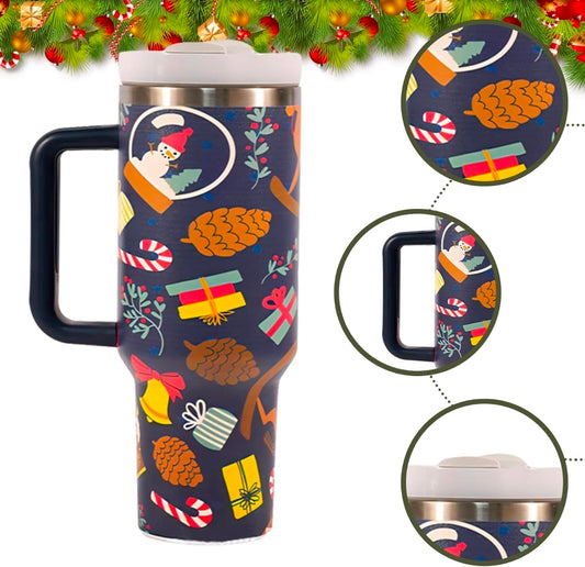 40 oz Tumbler with Handle and Straw Lid - Christmas Theme