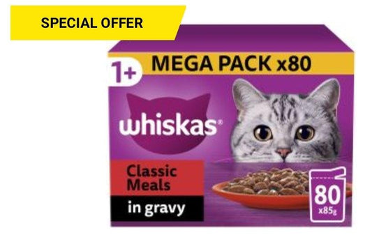 Whiskas 1+ classic Meals Adult Wet Cat Food Pouches in Gravy 80pk 85g - North East Pet Shop Whiskas